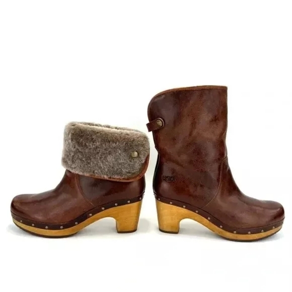 UGG AUSTRALIA "LYNNEA" BROWN LEATHER SHEARLING LINING WOOD CLOG BOOTS size5 - Picture 1 of 16